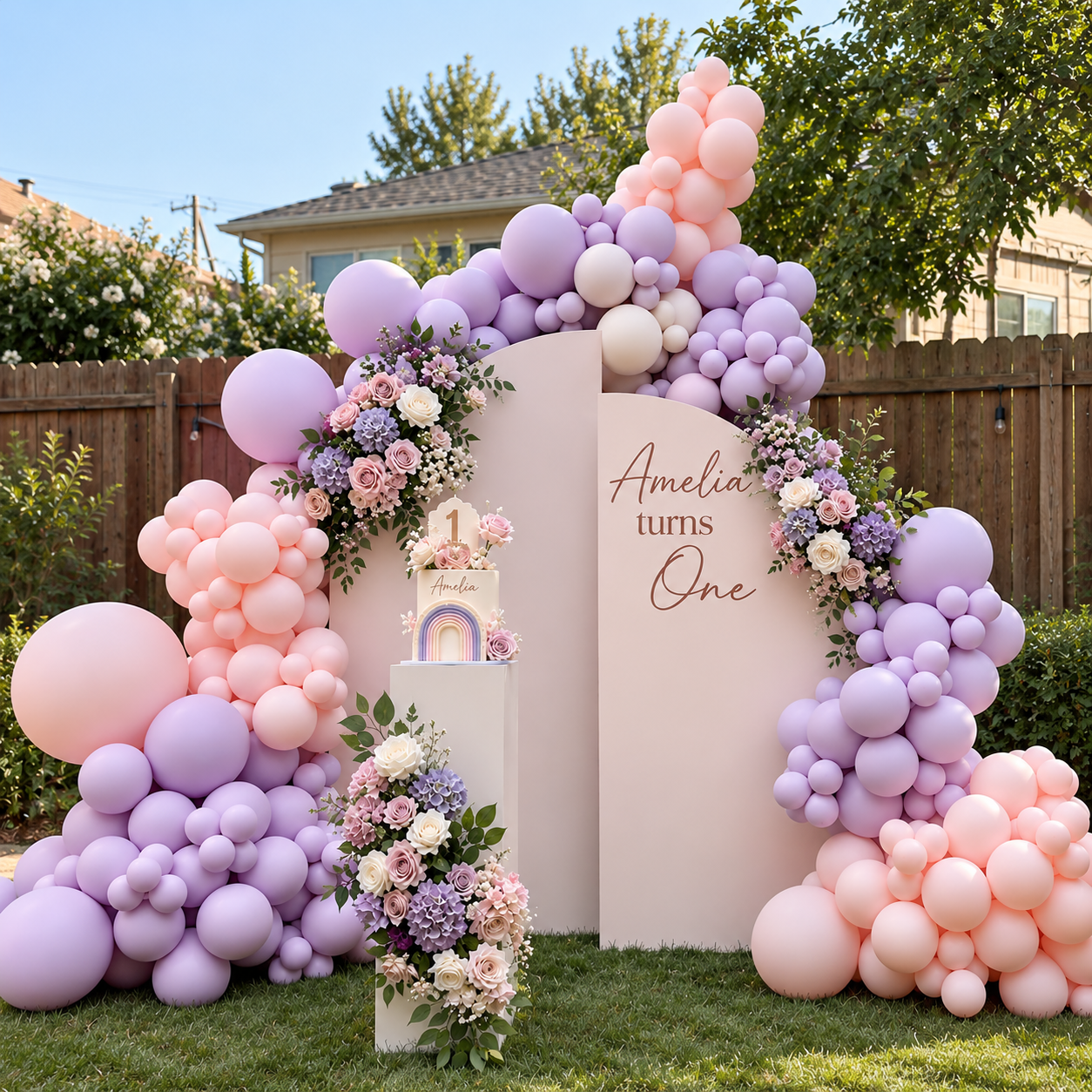 Illustrated first birthday setup with pink and lilac balloons, two curved panels and flowers