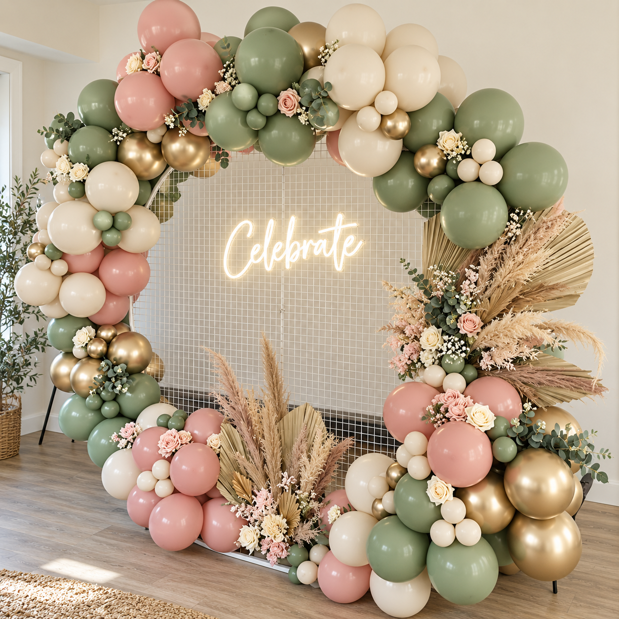 Illustrated indoor celebration arch with sage, blush, ivory and gold balloons and floral accents