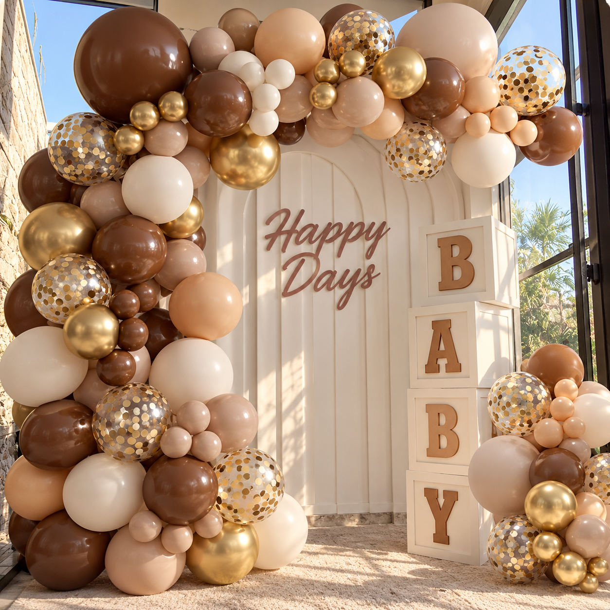 Illustrated cream backdrop framed by brown, beige and gold balloons with BABY letter boxes
