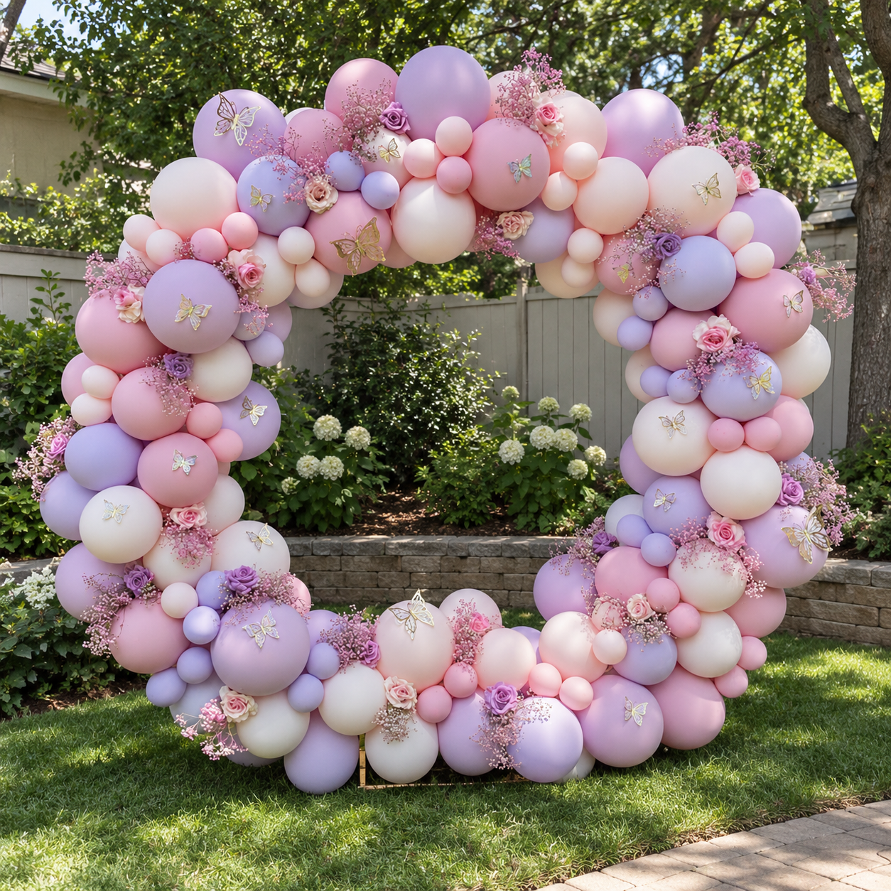 Illustrated full circular arch of pastel pink, lilac and cream balloons with butterfly details
