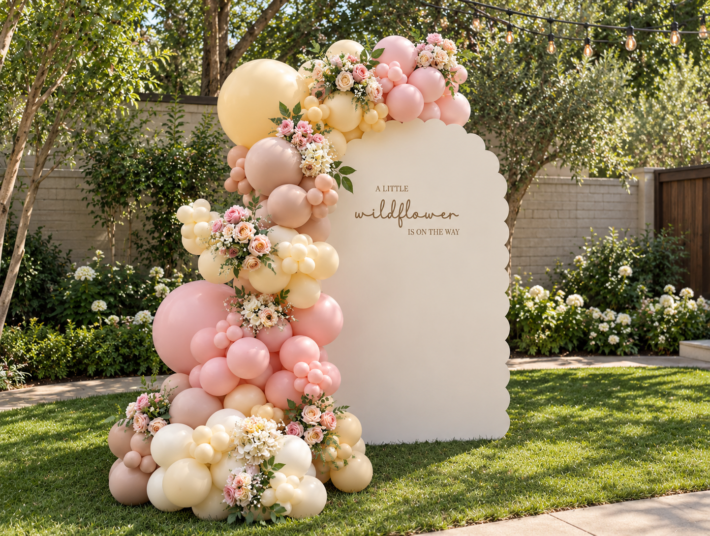Illustrated scalloped baby shower backdrop with blush, cream and yellow balloons and flowers