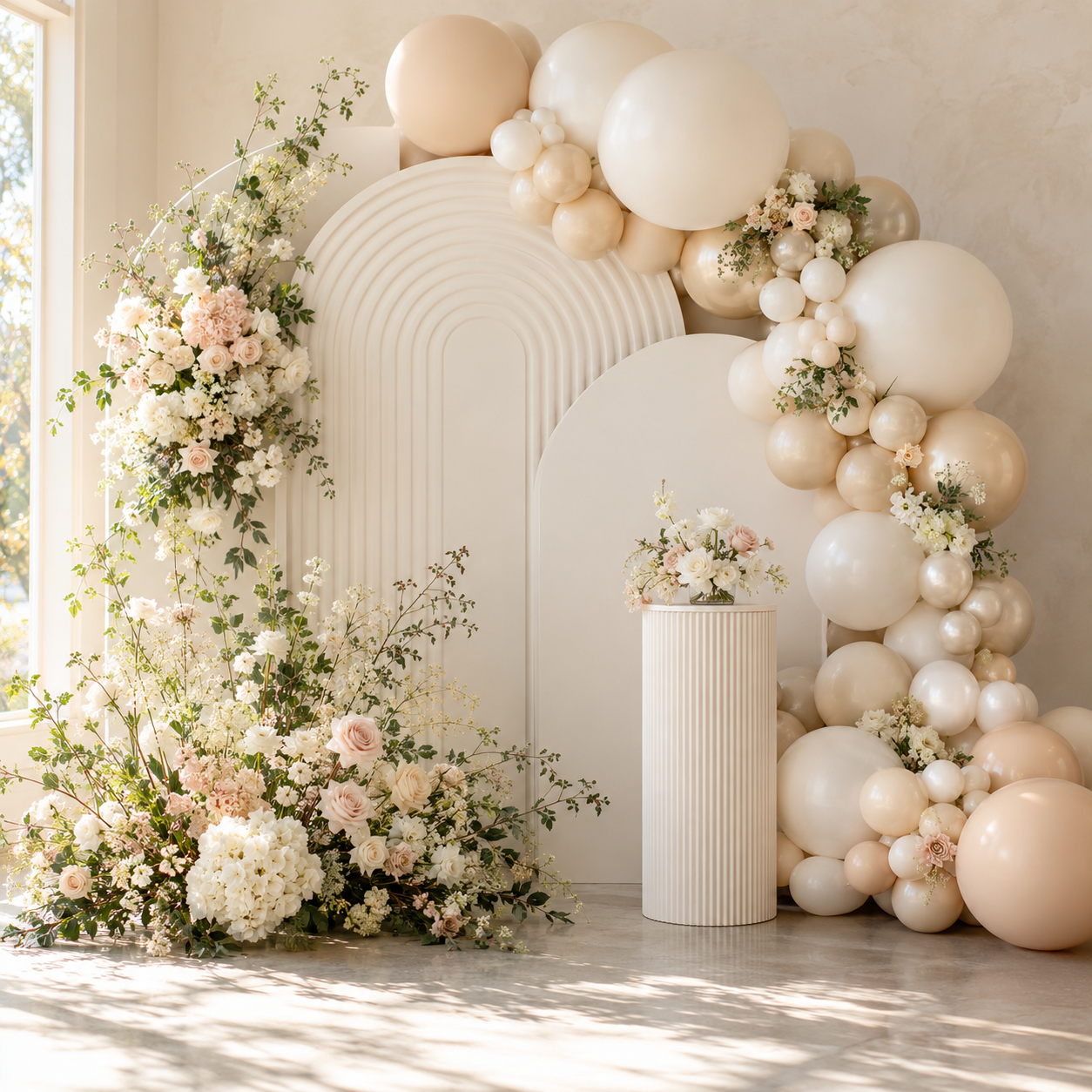 White curved backdrop with florals and neutral balloons