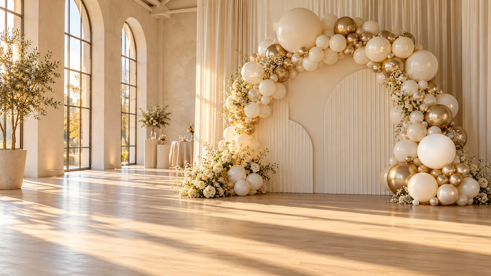 Elegant ivory and champagne balloon arch with a sculptural party backdrop